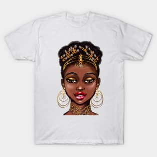 Queen Black is beautiful vi anime manga black woman with gold tiara earrings and necklace T-Shirt